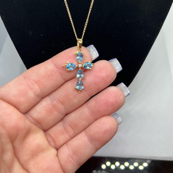 14kt yellow gold natural blue topaz and diamond 18” cross necklace - Picture 2 of 4